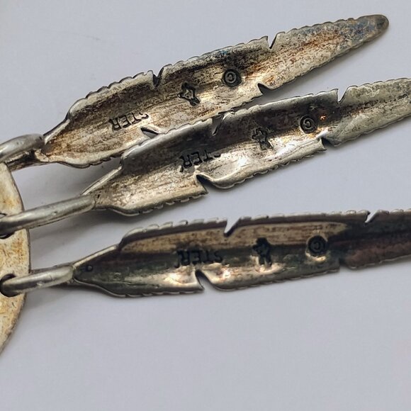 Vtg Native Southwest Sterling Silver Turquoise Feather Dangle Earrings - READ - Picture 7 of 8